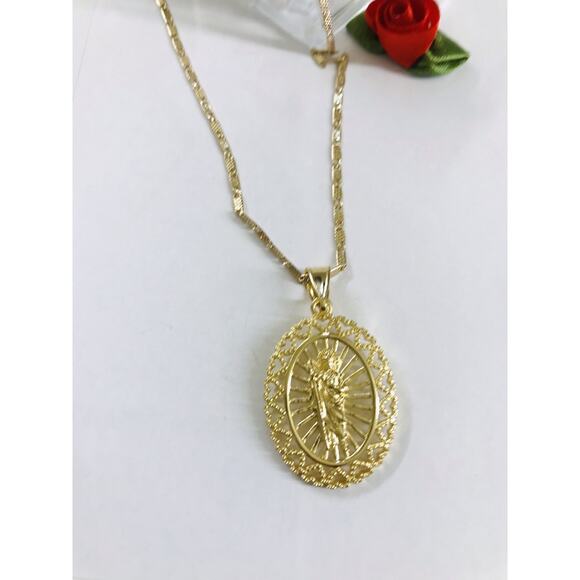 18K Gold Filled Oro Laminado Thin Necklace w/ San Judas Tadeo Oval Religious 23" - Picture 2 of 5